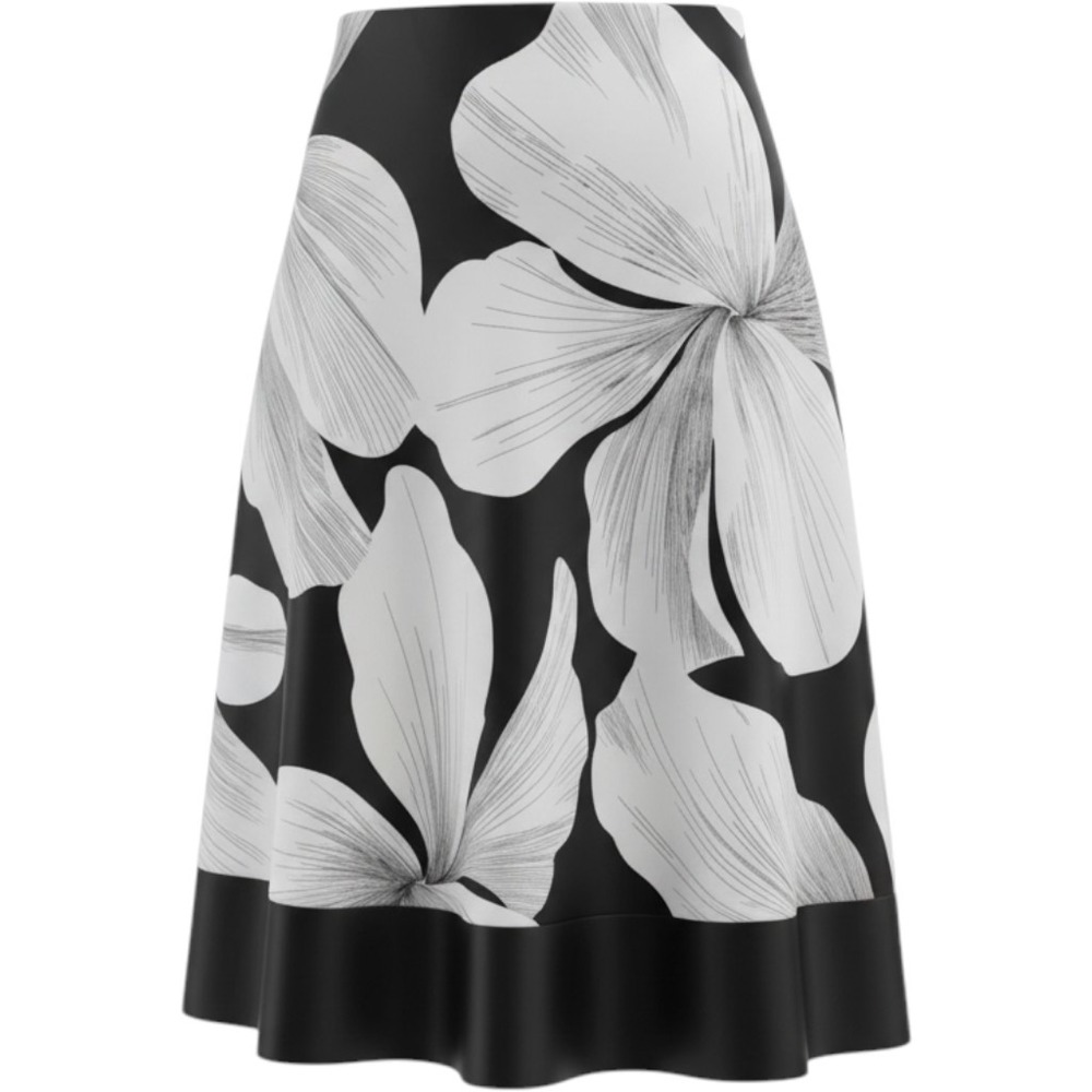 White House Black Market 100% Silk Floral A-Line Skirt Black White Size 12